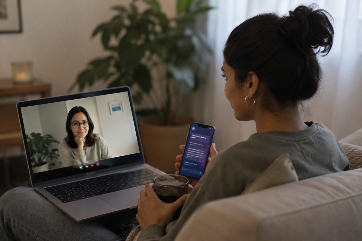 A woman in an online therapy video session on her laptop while using the Cri wellbeing app on her phone