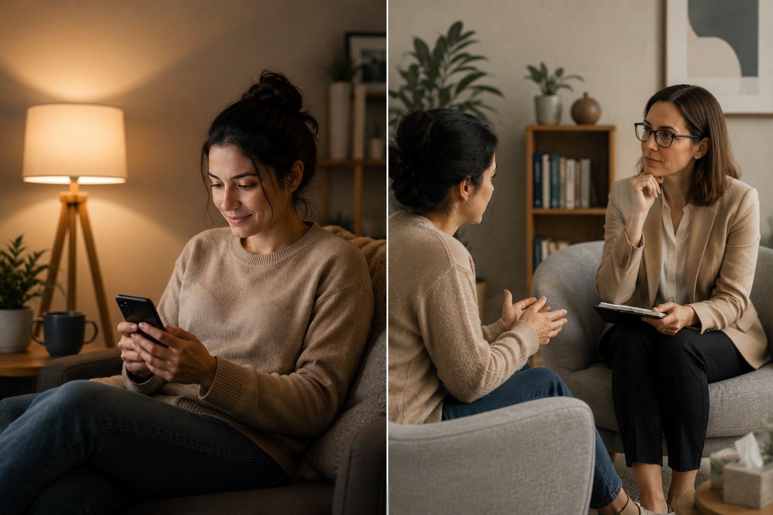 A woman using AI therapy on her phone beside a traditional in-person therapy session