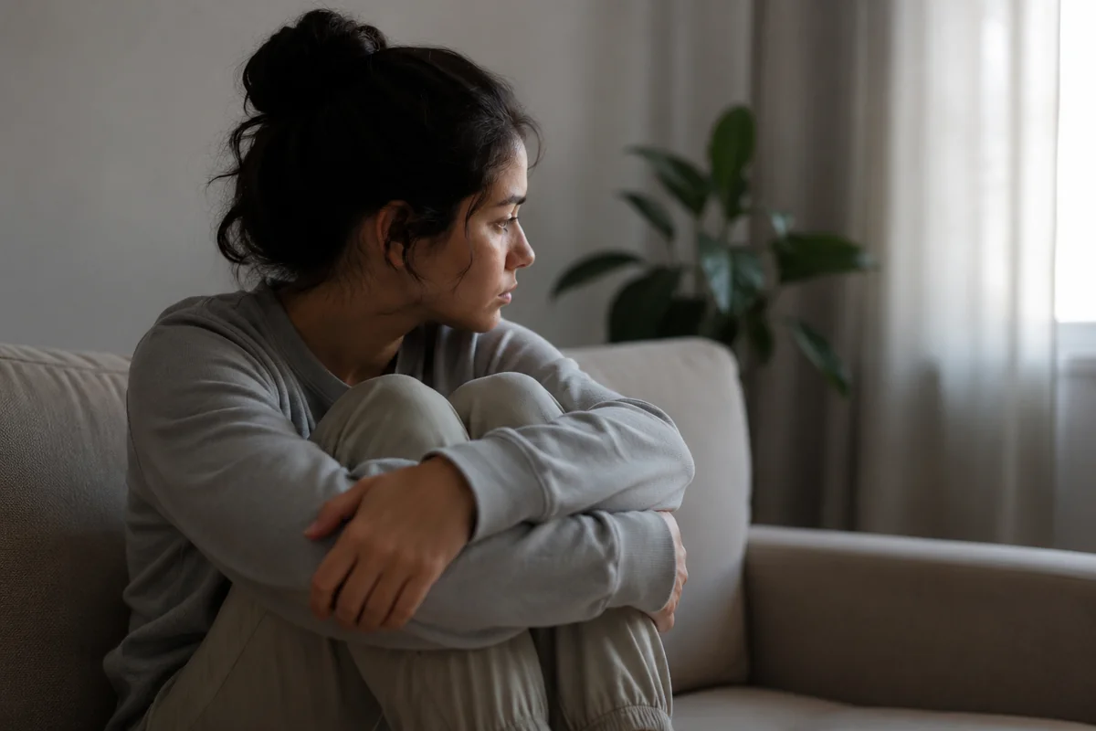 A young woman in a grey sweatshirt sitting curled up with her knees drawn to her chest on a couch, gazing quietly out of a window, conveying the experience of bottling up emotions
