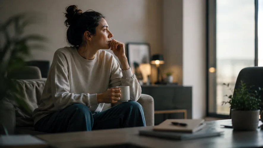A woman sitting alone with a mug in a dim room during burnout recovery