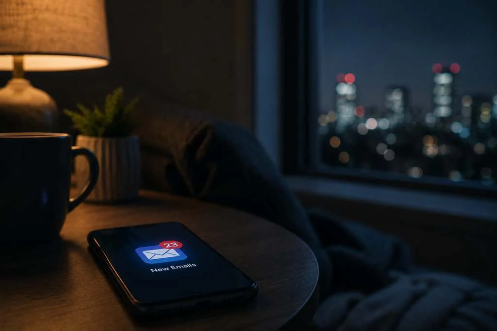 Person checking phone late at night for work emails