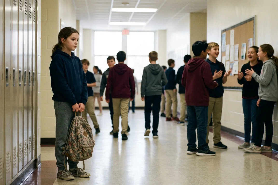 A parent kneeling to comfort and listen to their upset child after school, illustrating a calm, supportive response to a child being bullied at school