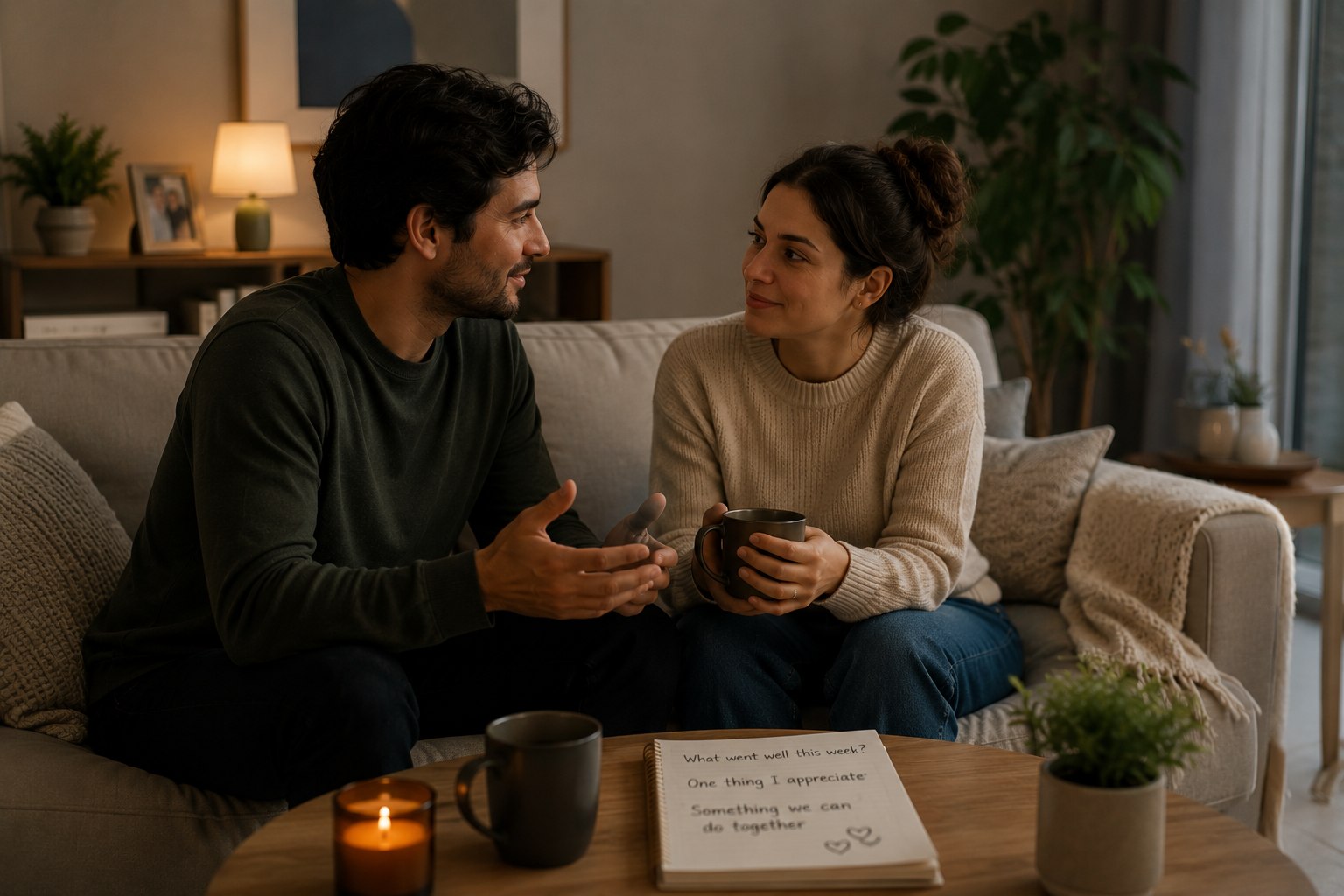 A couple having a calm relationship check-in at home between counselling sessions