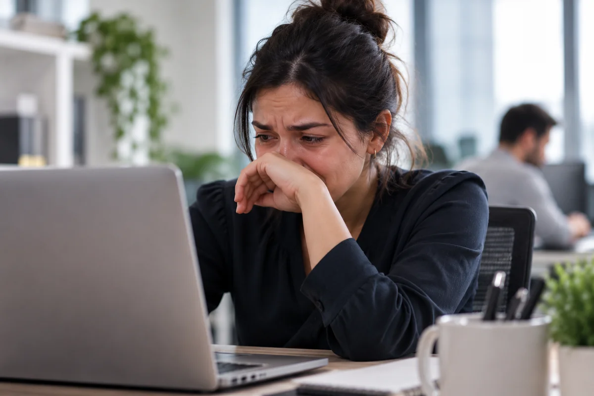 A woman at her office desk holding back tears with her hand to her mouth while looking at her laptop, a colleague working in the background, conveying the experience of crying at work