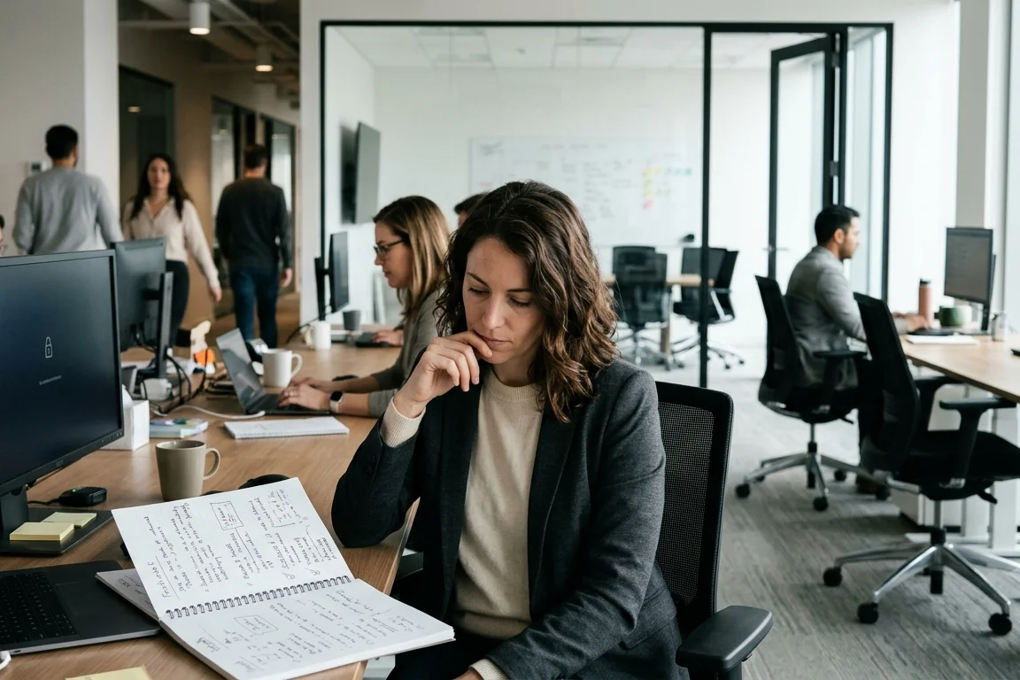 A professional calmly holding their ground in a workplace conversation with a manager, illustrating how to deal with a difficult boss while protecting your career