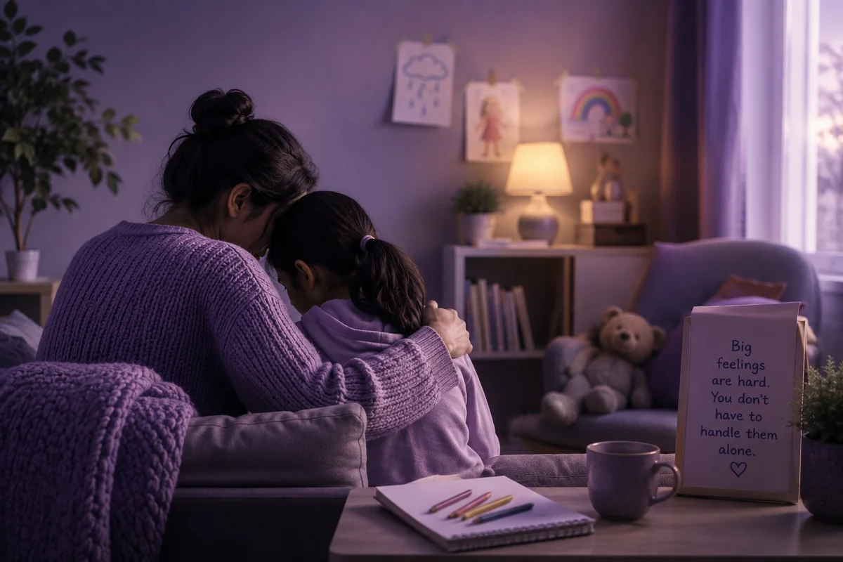 A parent gently holding a young child close on a sofa in a softly lit room, both with heads bowed together, a comforting and safe mood