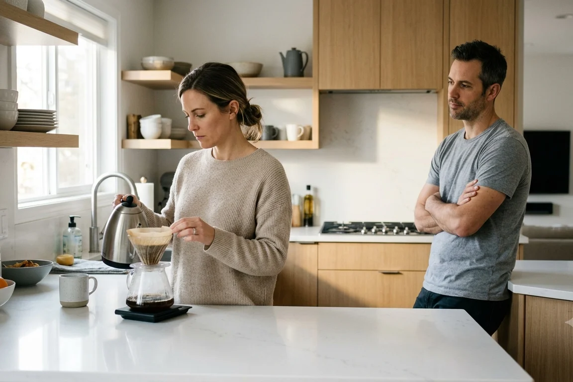 A couple sitting close together yet emotionally distant, one partner turned inward, illustrating the loneliness of loving an emotionally unavailable partner