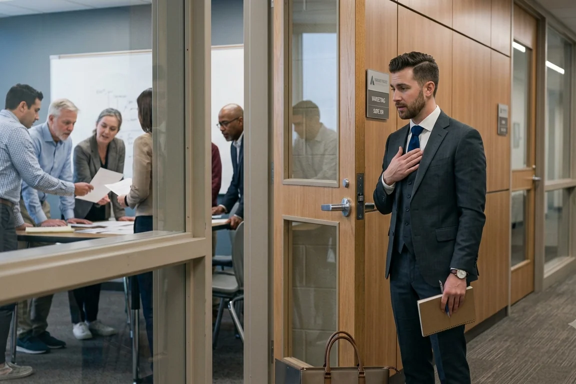 A person pausing outside a meeting room, hand on chest, feeling like they do not measure up while colleagues confidently work together