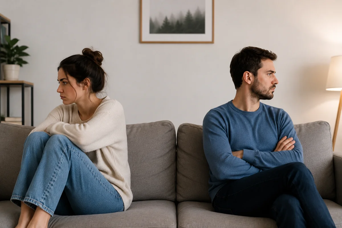 A couple sitting apart at opposite ends of a couch, both looking away from each other with tense, withdrawn expressions, conveying emotional distance and the need for space in a relationship