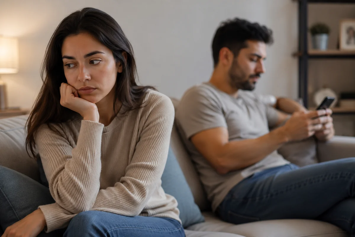 A woman sitting on a couch looking away disengaged and unhappy while her partner beside her is absorbed in his phone, conveying the experience of feeling taken for granted in a relationship