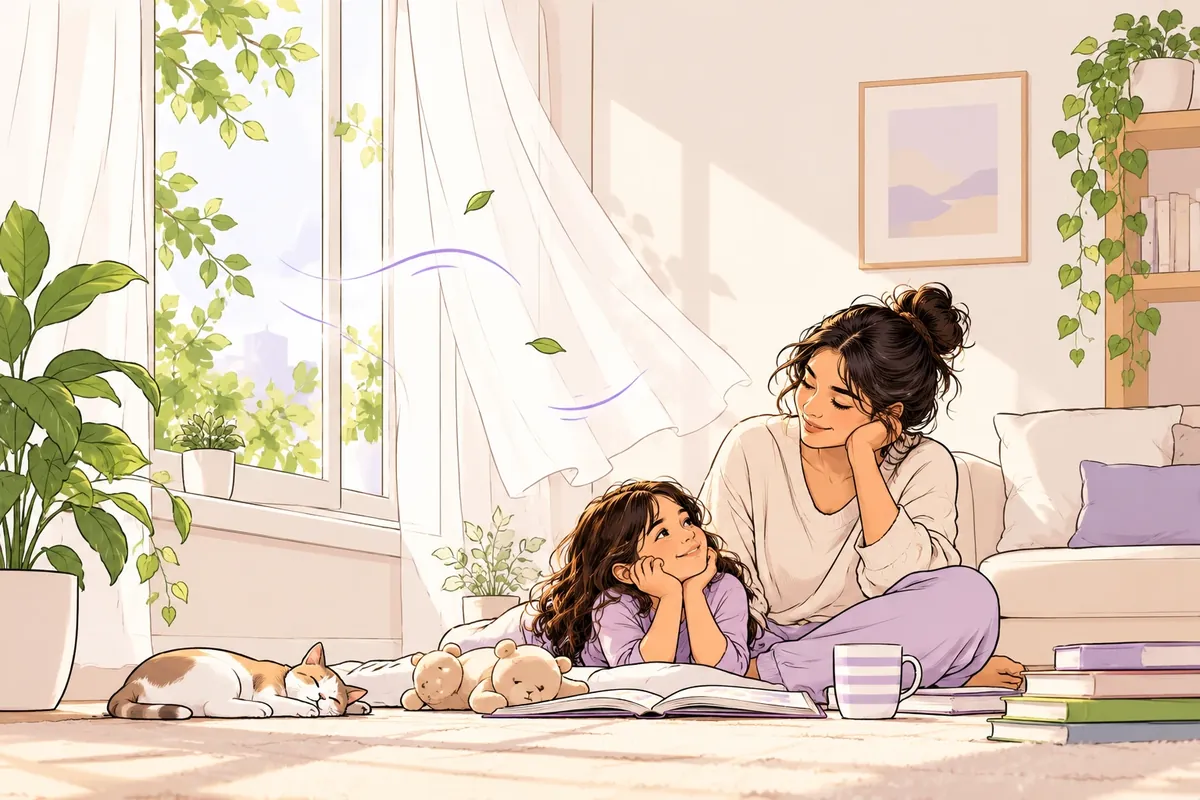 Illustration of a mother and young daughter relaxing on the living room floor by an open window, sheer curtains lifting in the breeze, with a book, plants, a mug, and a sleeping cat in soft morning light