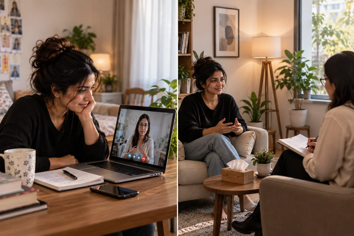 A person sitting on a sofa at home in a therapy session on a laptop screen on one side, and the same person sitting across from a therapist in a calm consulting room on the other side, weighing the two options