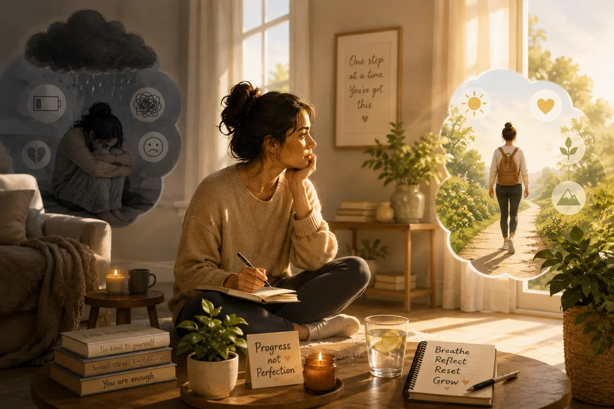 A woman sitting cross-legged on the floor journaling in warm morning light, looking thoughtful and a little more at ease