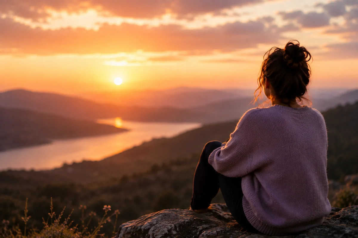 A person sitting quietly on a hilltop at sunset, looking out and making peace with the past