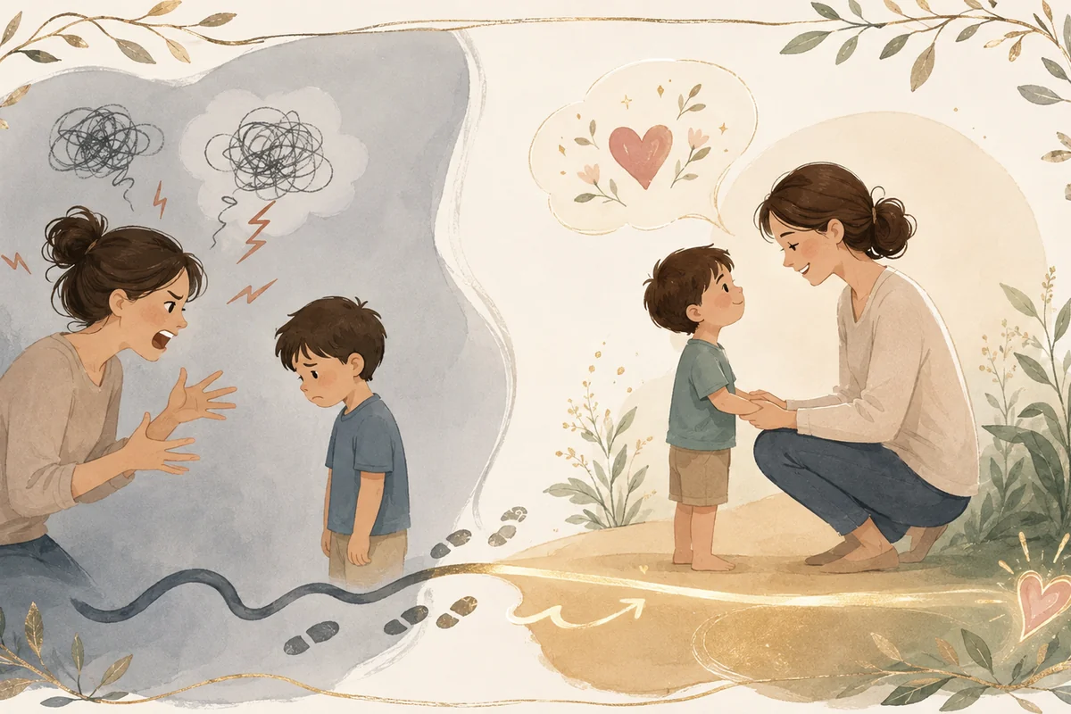 A watercolour of a stressed parent and child on one side and the same parent kneeling warmly with the child on the other