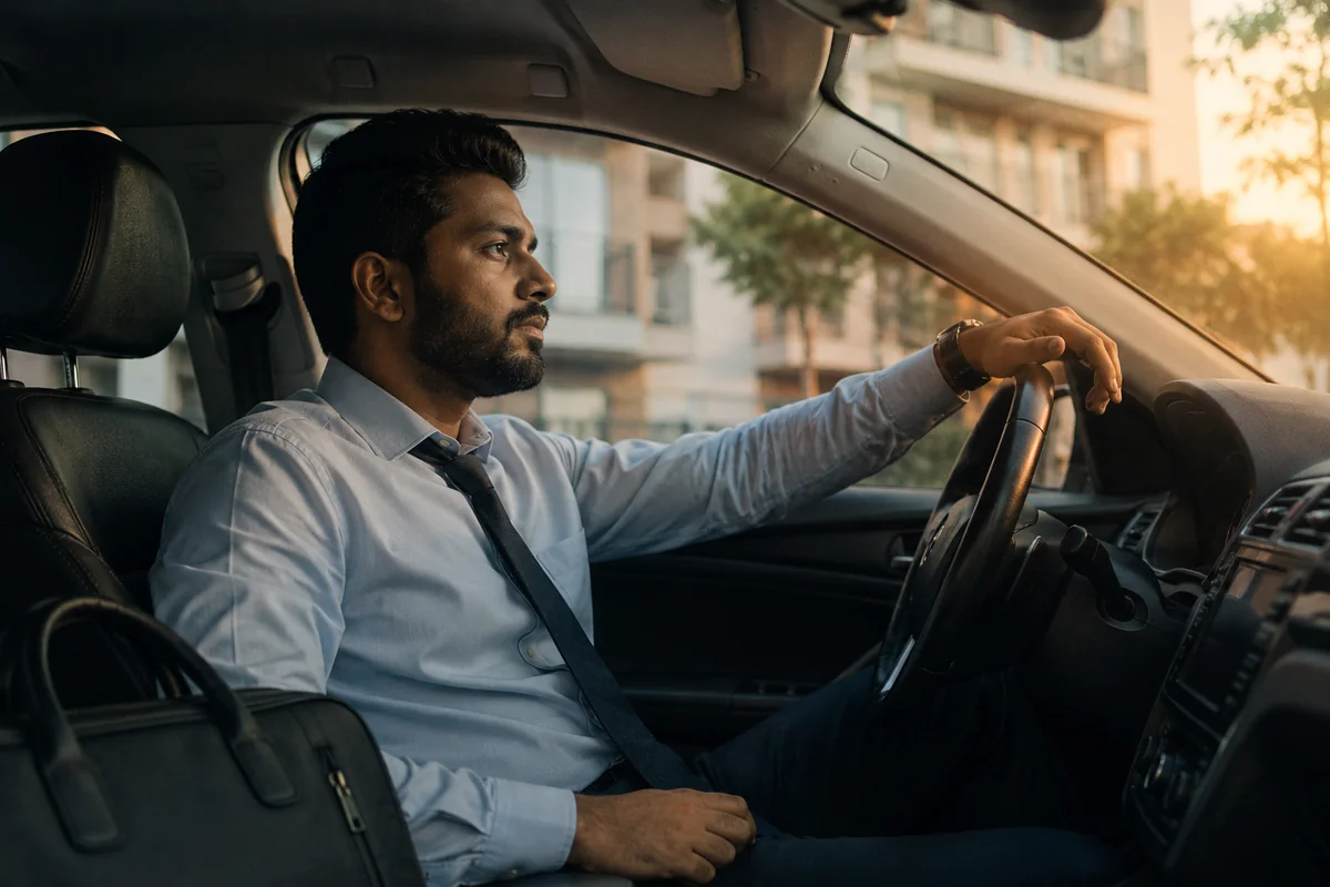 A professional in a shirt and tie driving home through the city at sunset, gazing out of the car window during the evening commute, illustrating the mental transition of switching off from work at the end of the day