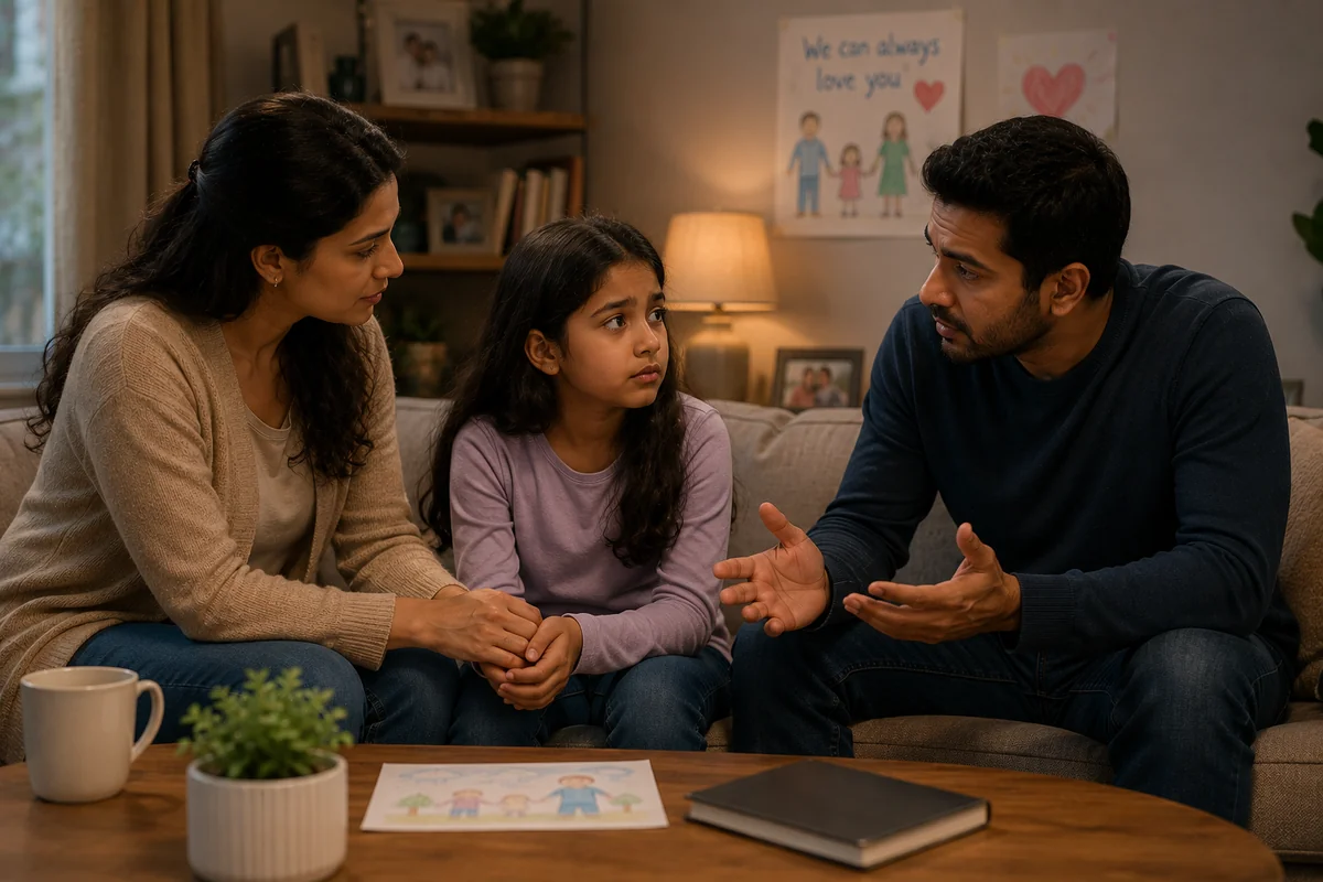 Two parents sitting on either side of their young daughter on a sofa, talking with her gently and reassuringly
