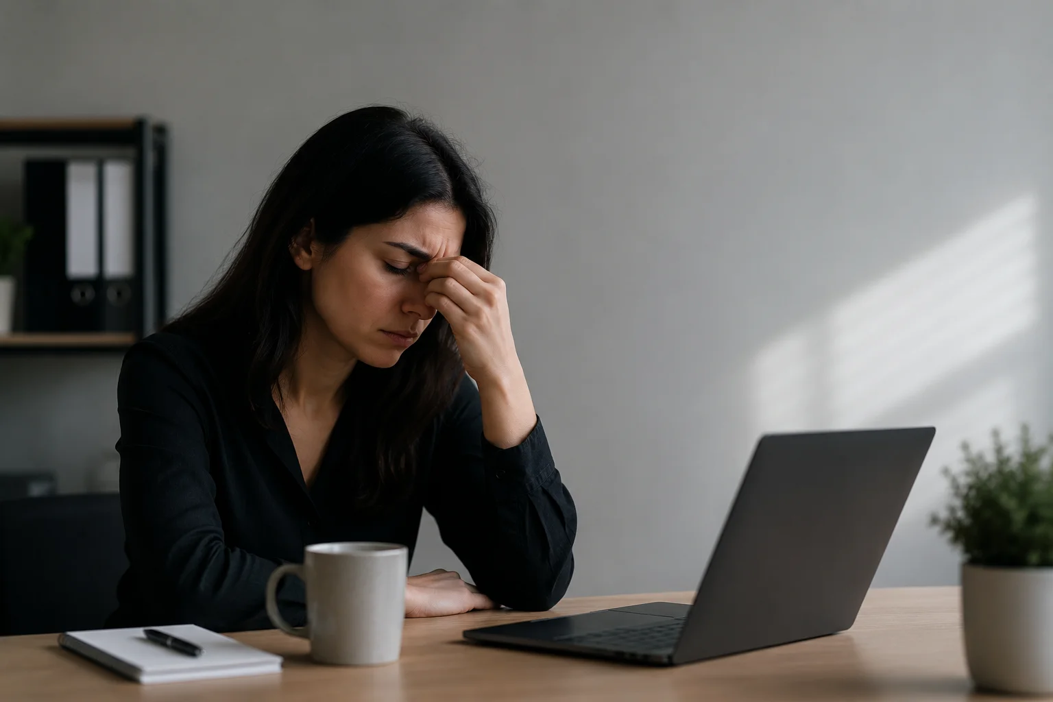 A person at a desk looking stressed and overwhelmed in a toxic work environment