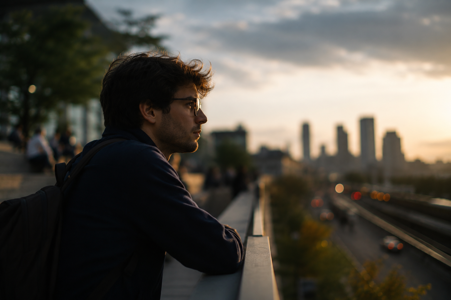 A high-achieving professional looking across a city skyline at dusk while carrying quiet self-doubt