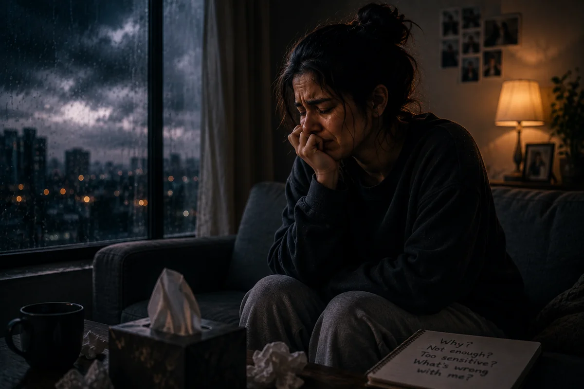 A person sitting quietly by a window with tears in their eyes, illustrating whether it is normal to cry for no reason and what unexplained tears can mean