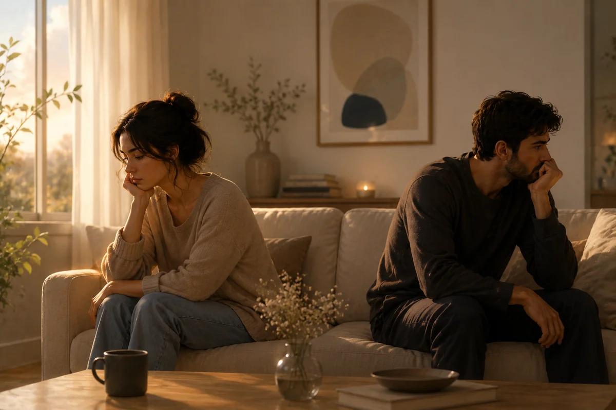 A couple sitting on a sofa turned away from each other in warm evening light, both looking pensive