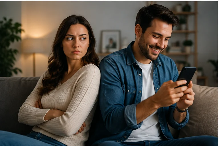 A person looking pensive while their partner uses a phone nearby, illustrating whether it is normal to feel jealous in a relationship and how to handle insecurity