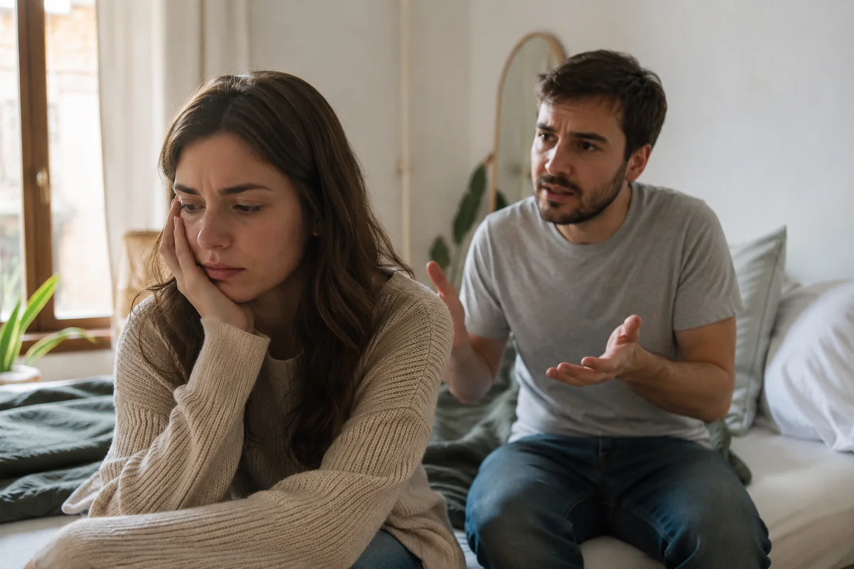 A couple sitting on the edge of a bed during a tense argument, the woman turned away and resting her head on her hand while the man gestures and speaks, illustrating the strain of wondering whether a relationship is toxic