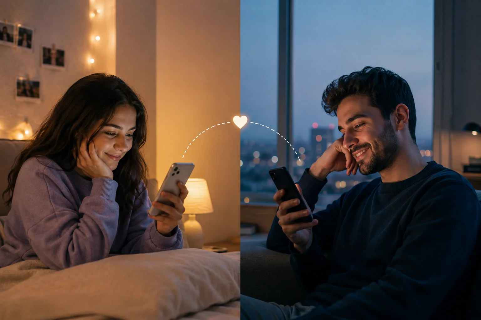 A couple connecting through a video call, bridging the distance between them