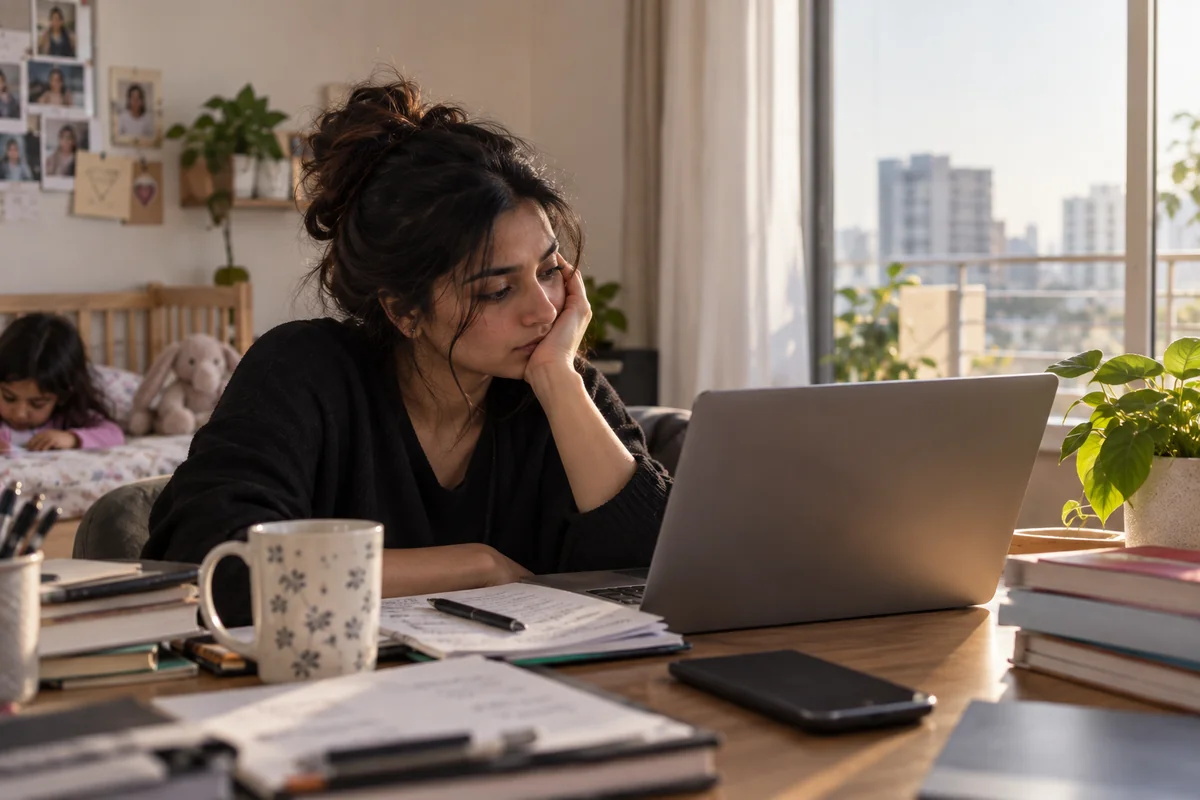 A tired professional at a desk trying to balance a set of scales with work on one side and home on the other, with five crossed-out sticky notes reading common work-life balance myths on the wall behind them