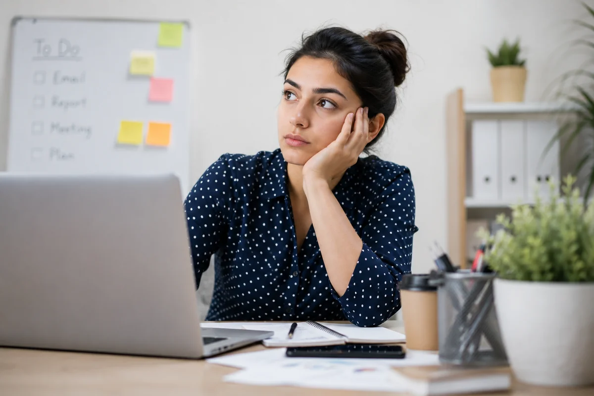 A woman sitting at her desk in front of a laptop, resting her chin on her hand and gazing away distractedly with a to-do list on the wall behind her, conveying difficulty focusing at work