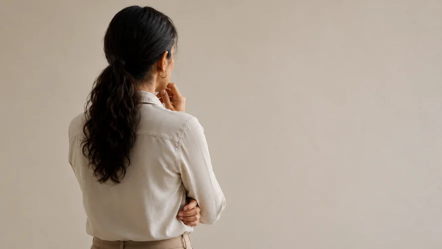 A person standing thoughtfully while considering support options