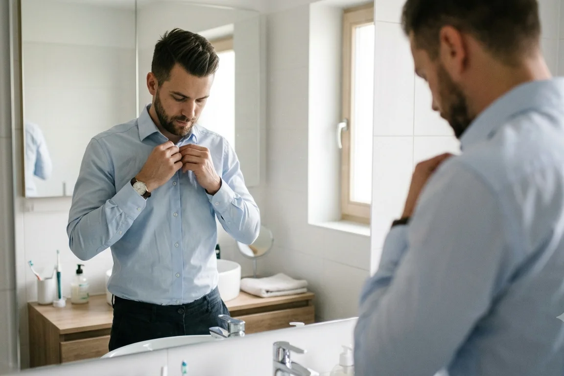A person pausing thoughtfully at a desk, softening the harsh inner voice, illustrating how to quiet your inner critic
