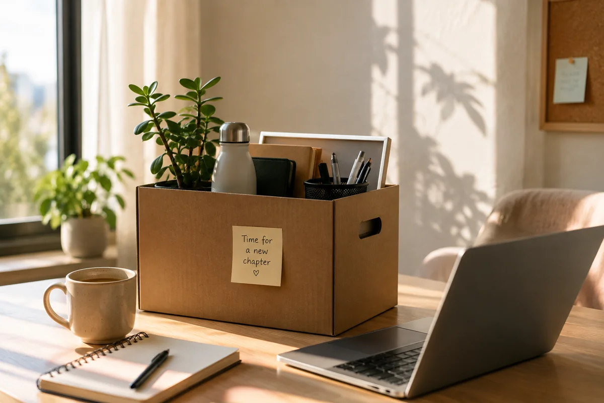 A packed desk box with a handwritten time for a new chapter note beside a laptop and coffee