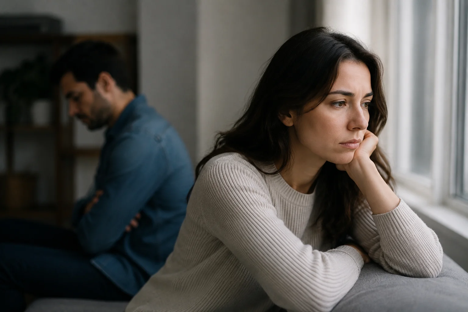 A couple sitting apart in silence, showing the emotional distance of the silent treatment in a relationship