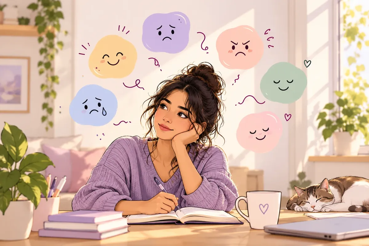 Illustration of a young woman at a sunlit desk with a journal and pen, resting her cheek on her hand and looking up thoughtfully at pastel bubbles showing happy, sad, angry, tearful, and calm faces