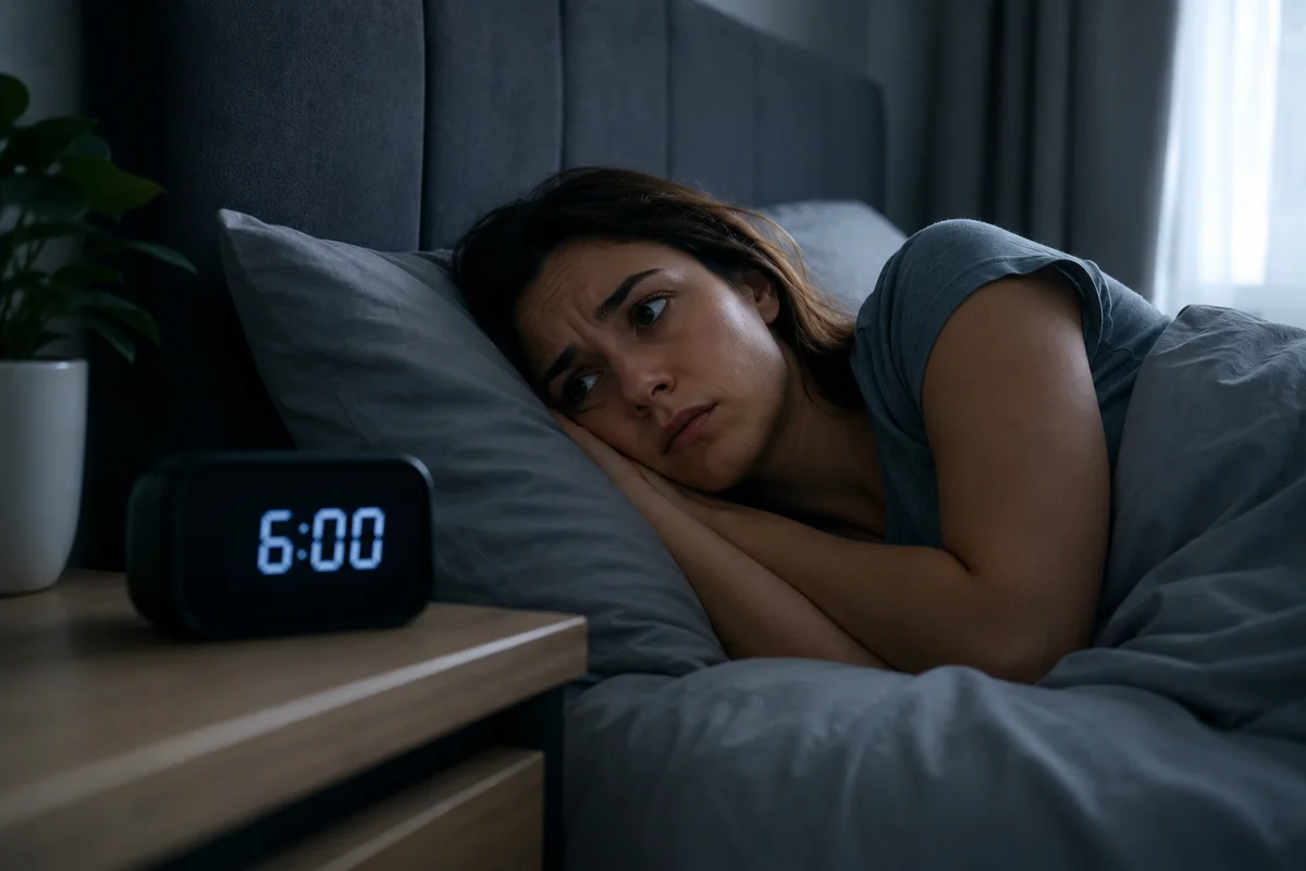 A woman lying awake in bed at 6:00 in the early morning light, eyes open and brow furrowed with a worried, anxious expression, conveying the experience of waking up feeling anxious