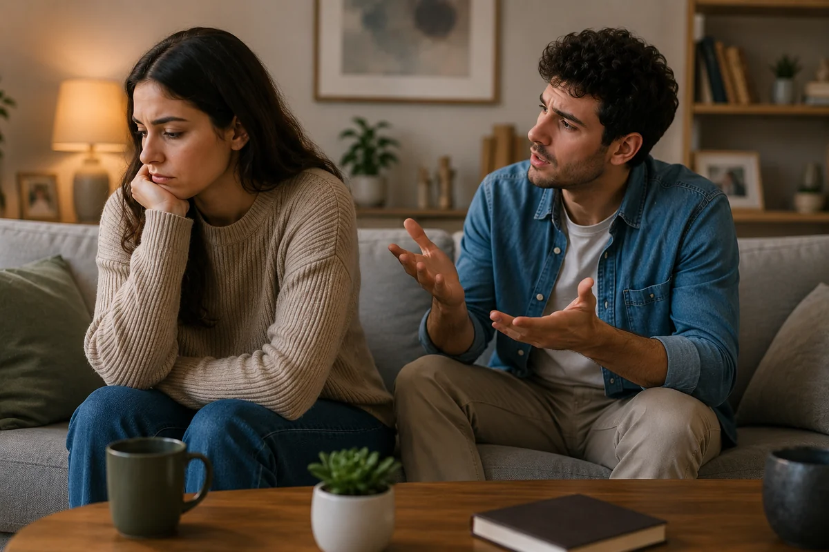 Two partners sitting together trying to really hear each other during a calm conversation