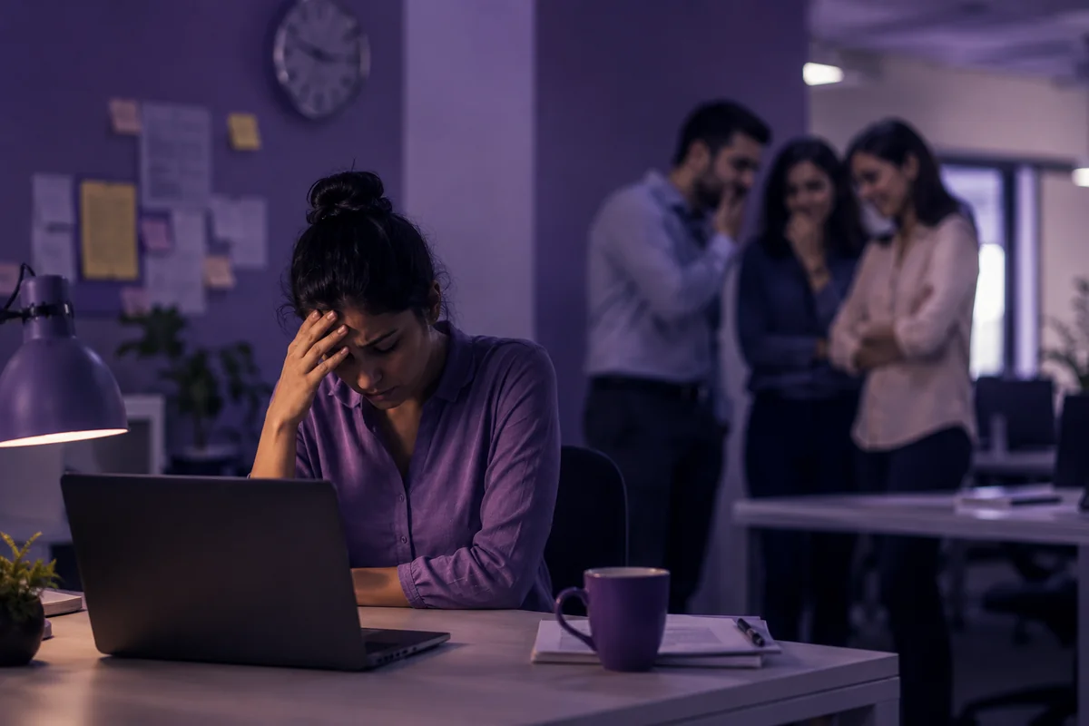 A woman sitting alone at her desk with her hand to her forehead while a small group of colleagues whisper and glance at her in the background of a dim office