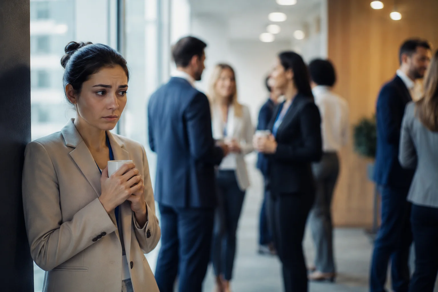 A person feeling anxious in a social situation at work