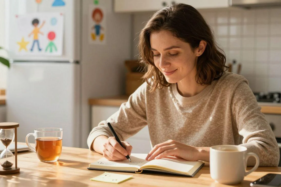 A person journaling at a kitchen table with a cup of tea and an hourglass, taking a quiet reflective moment, illustrating the signs it is time to see a therapist