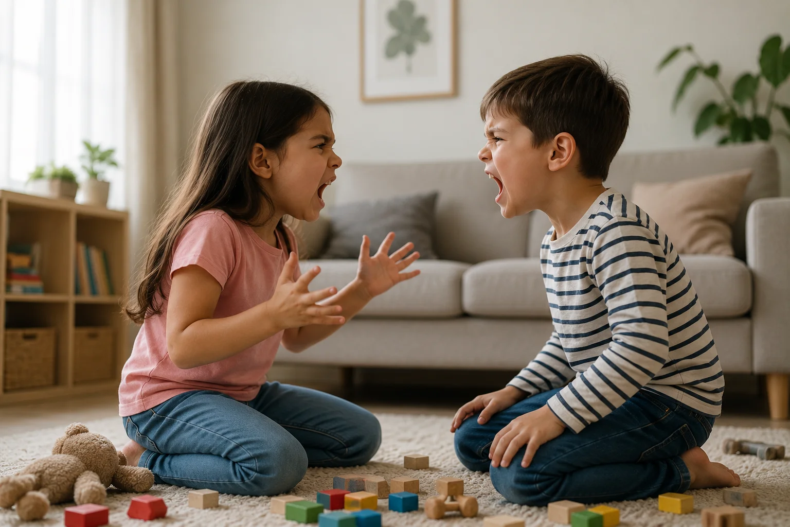 Two siblings sitting apart, one looking frustrated and the other withdrawn