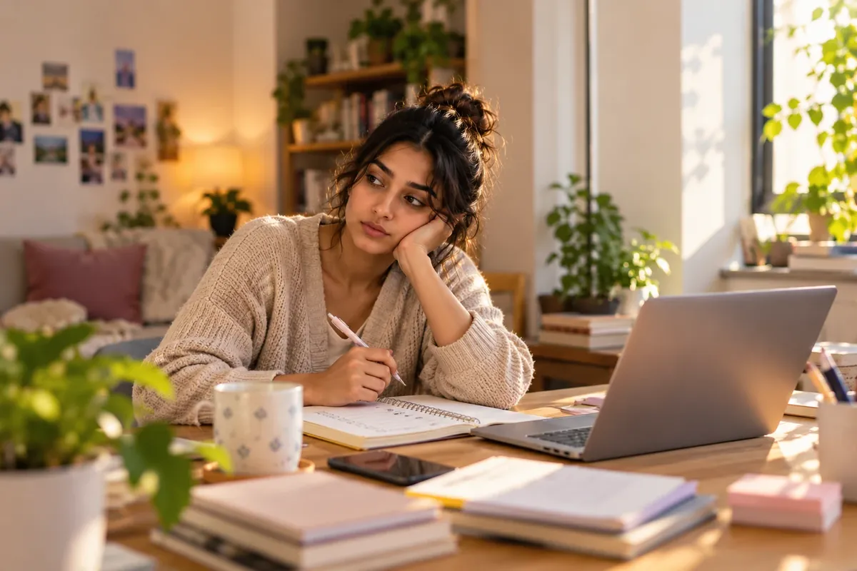 A tired young woman resting her cheek on her hand at a sunlit desk, pen over an open notebook beside a laptop and a mug, gazing away with a quiet, drained expression