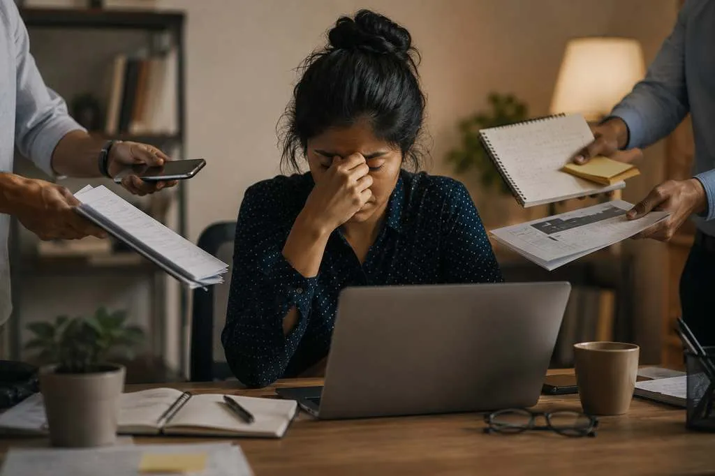 Person looking exhausted while being pulled in many directions