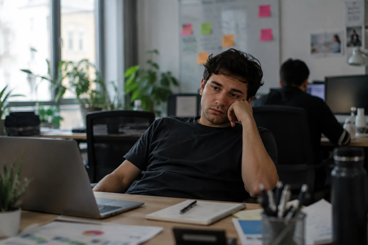 A young man in a black t-shirt slouched in his chair at an office desk, resting his cheek on his hand and staring blankly past his laptop, looking bored and unmotivated