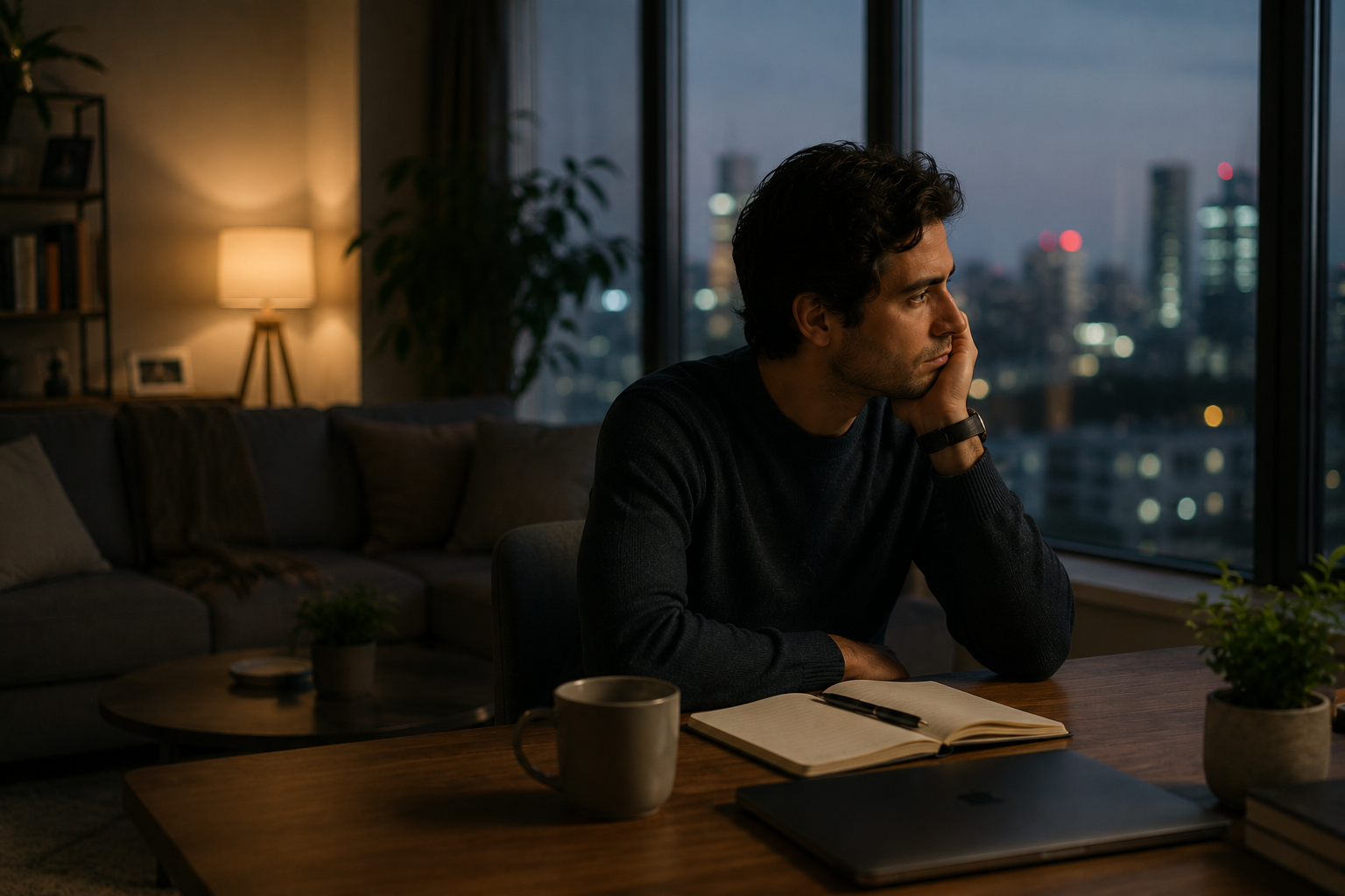 A high-functioning adult sitting alone by a city window in the evening with a notebook and laptop nearby