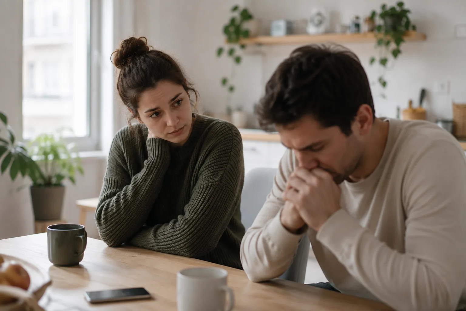 A couple sitting at a kitchen table, one partner withdrawn and looking down, the other watching with concern, unable to open up