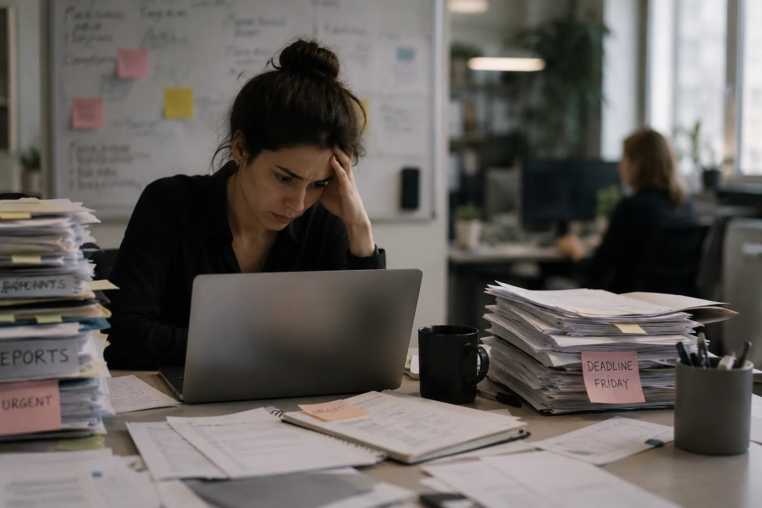 A woman working alone at a desk buried under stacks of papers marked urgent and deadline Friday, overwhelmed but not delegating