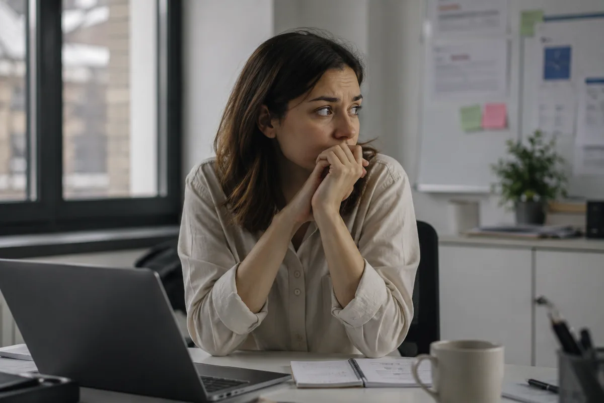A woman in a beige shirt sitting at her desk beside a laptop and notebook, chin resting on her clasped hands, gazing out the window with a pensive, hollow expression
