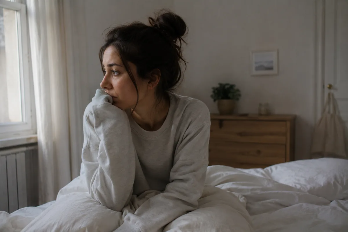 A woman in a grey sweater sitting alone on an unmade bed, resting her chin on her hand and gazing out the window with a pensive, downcast expression