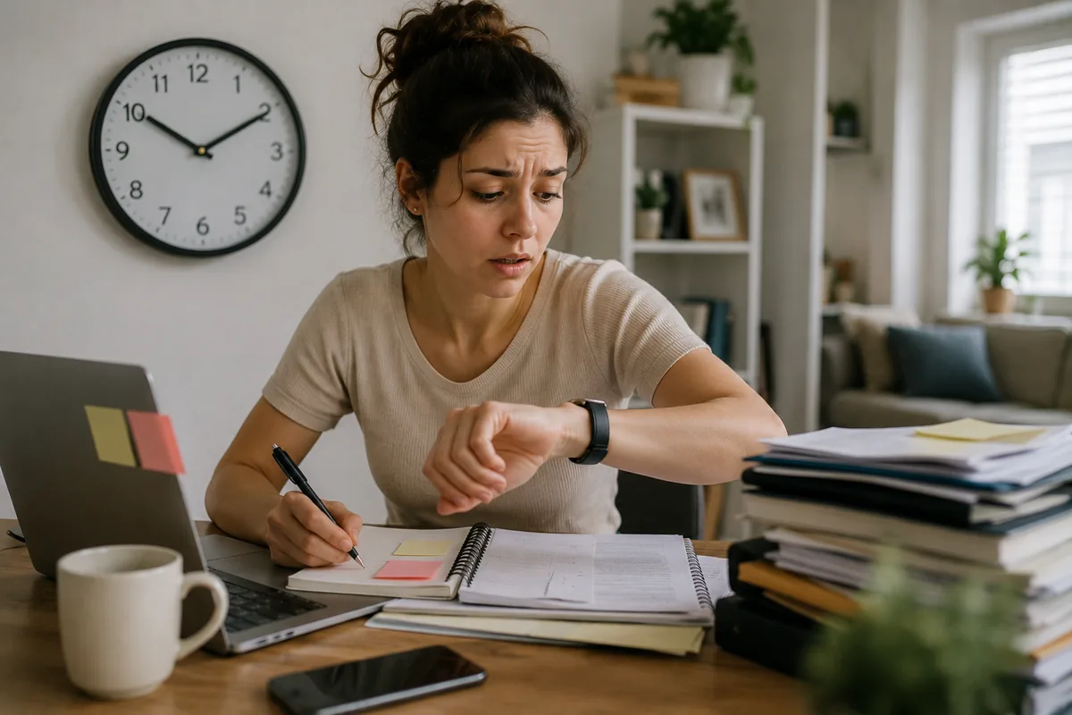 An anxious woman checking her watch while writing notes at a cluttered desk piled with papers and books, a wall clock behind her